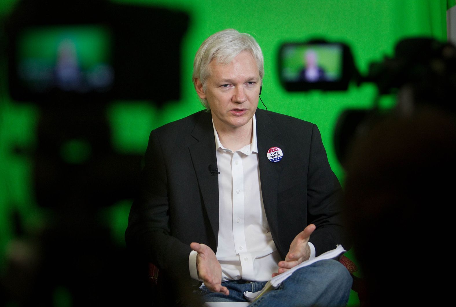 Assange addresses the Oxford Union Society from the Ecuadorian Embassy in January 2013.