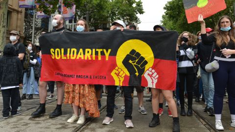 MELBOURNE, AUSTRALIA - JANUARY 26: Aboriginal Australians and Torres Strait Islanders, who opposed the British fleet's arrival on January 26, 1788, to be celebrated as "Australia Day", organize a demonstration describing this date as "Invasion Day" in Melbourne, Australia on January 26, 2021. (Photo by Recep Sakar/Anadolu Agency via Getty Images)