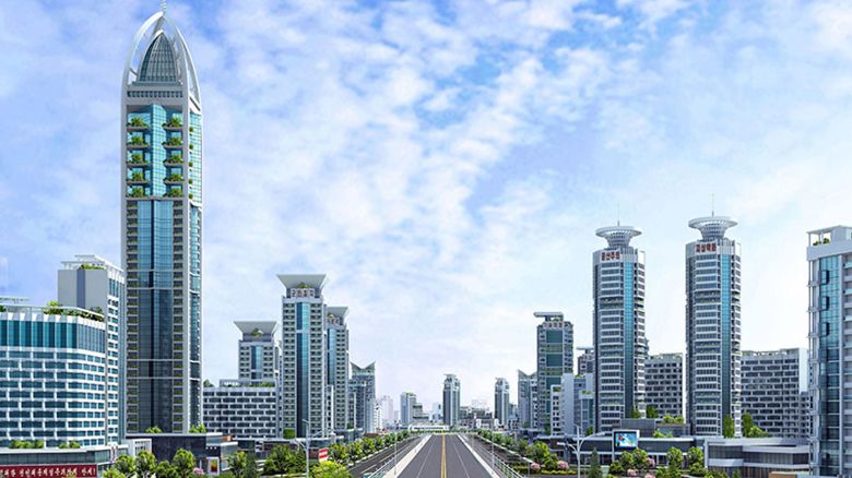 A 3D visualization of the Hwasong development shows a tall skyscraper on the left, with other towers lining a wide street.