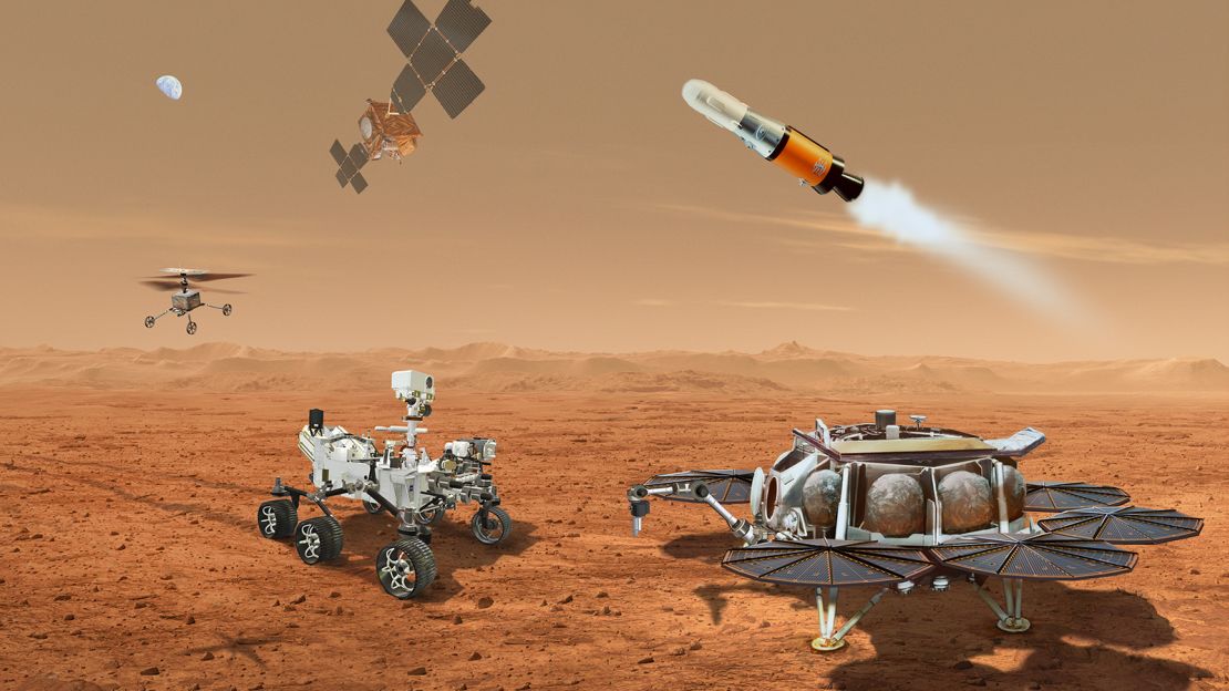 This illustration shows a concept for multiple robots that would team up to ferry to Earth samples collected from the Mars surface by NASA's Mars Perseverance rover.