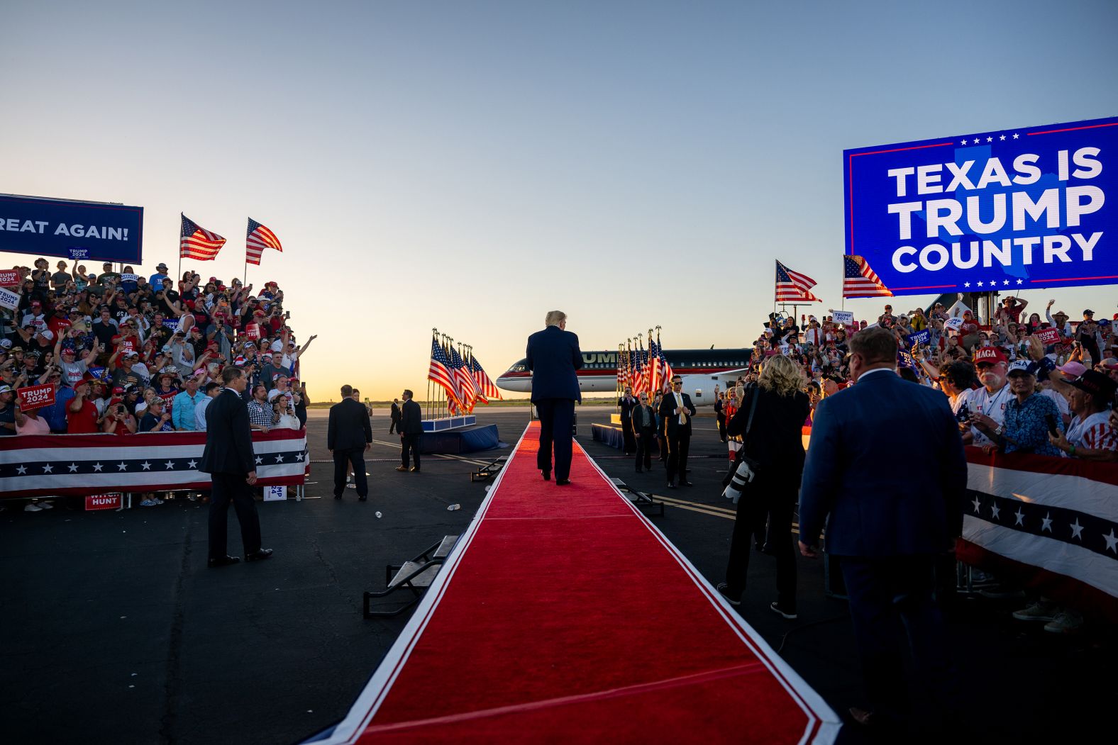 Trump leaves after speaking at his rally in Waco on March 25, 2023. Trump, who is running for president again, <a href="https://www.cnn.com/2023/03/25/politics/texas-trump-2024-rally/index.html" target="_blank">railed against what he called "prosecutorial misconduct"</a> and denied any wrongdoing amid investigations in New York, Georgia and Washington, DC.