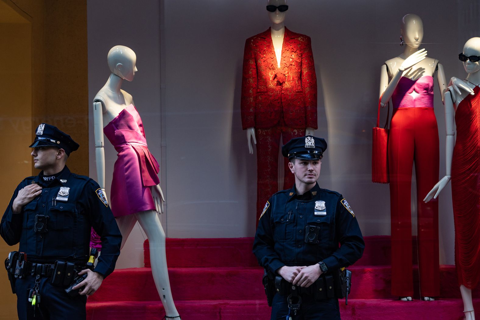 New York police officers stand near Trump Tower on April 3, 2023.