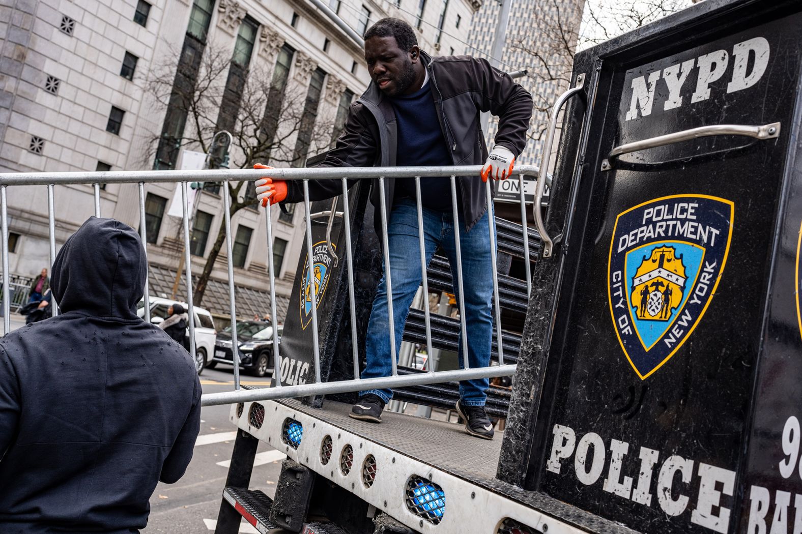 Barricades are dismantled after Trump left the Manhattan Criminal Courthouse on April 4, 2023.