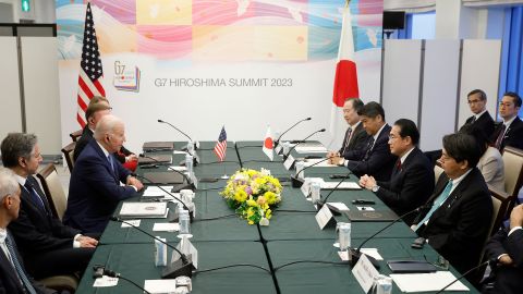 President Joe Biden sits with Secretary of State Antony Blinken during a bilateral meeting with Japan's Prime Minister Fumio Kishida in Hiroshima, Japan, on Thursday, May 18. 