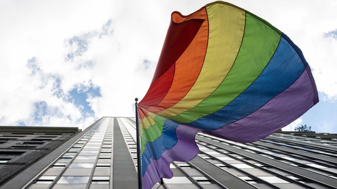 A Pride Flag hangs off a building on June 24, 2020 in New York City.