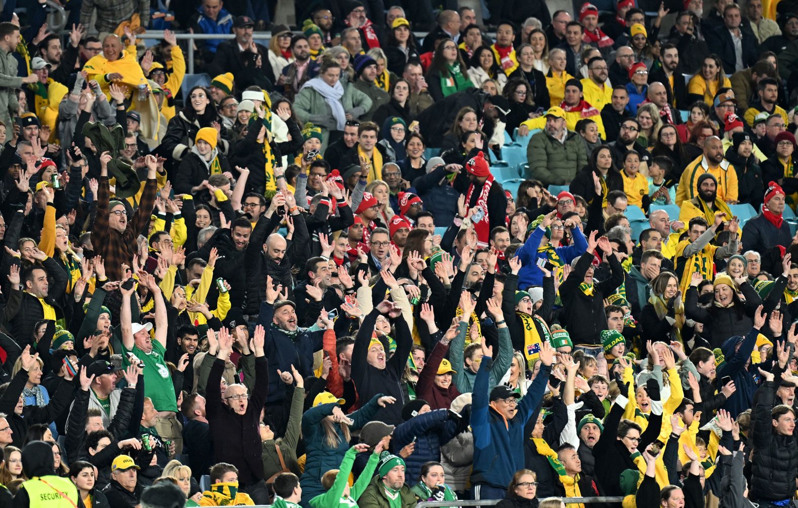 Supporters of both Australia and Ireland watch the match in Sydney. The second match of this year's tournament set a new <a href="https://www.cnn.com/sport/live-news/womens-world-cup-opening-ceremony-2023/h_65bd4f4b27a440f1aba706ec23ec1689" target="_blank">single-game attendance record</a> for a women's soccer match in Australia, with 75,784 fans watching.