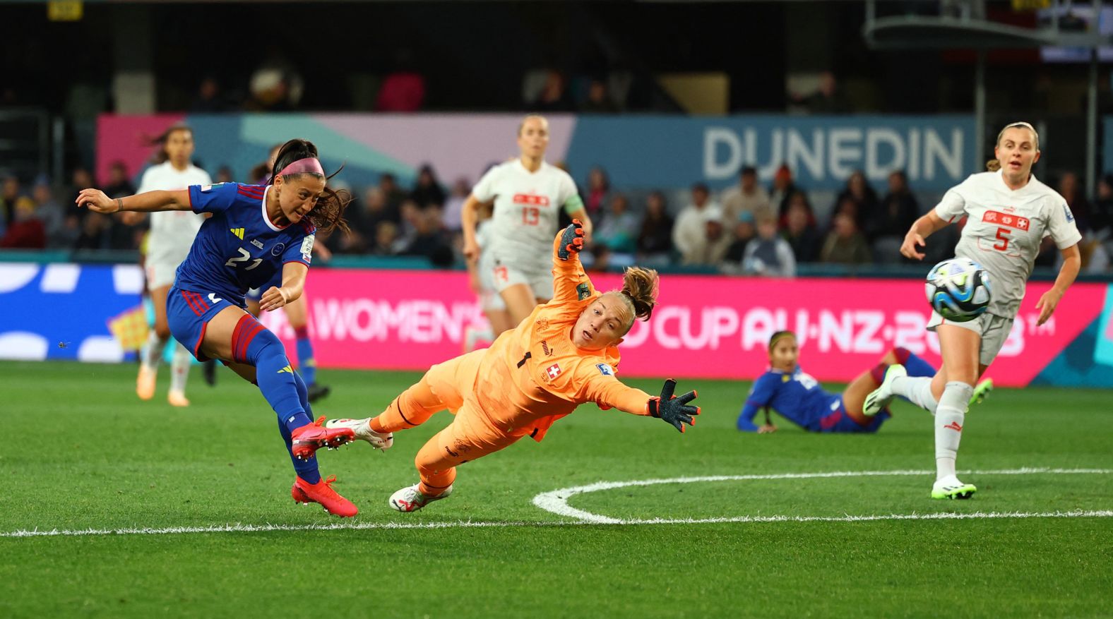 The Philippines' Katrina Guillou takes a shot against Switzerland's Gaëlle Thalmann. The goal was disallowed.