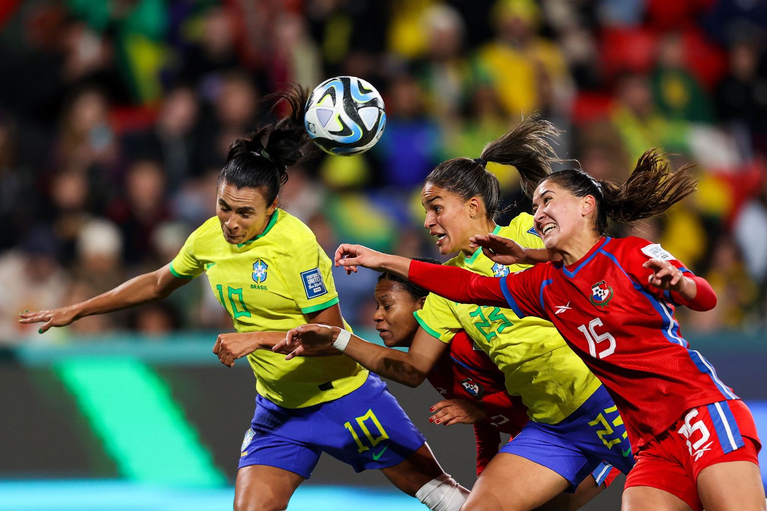 Brazil's Marta, left, heads the ball during a match against Panama on July 24. <a href="https://edition.cnn.com/2023/07/23/football/brazil-germany-panama-morocco-womens-world-cup-2023-spt-intl/index.html" target="_blank">Brazil won 4-0</a>.