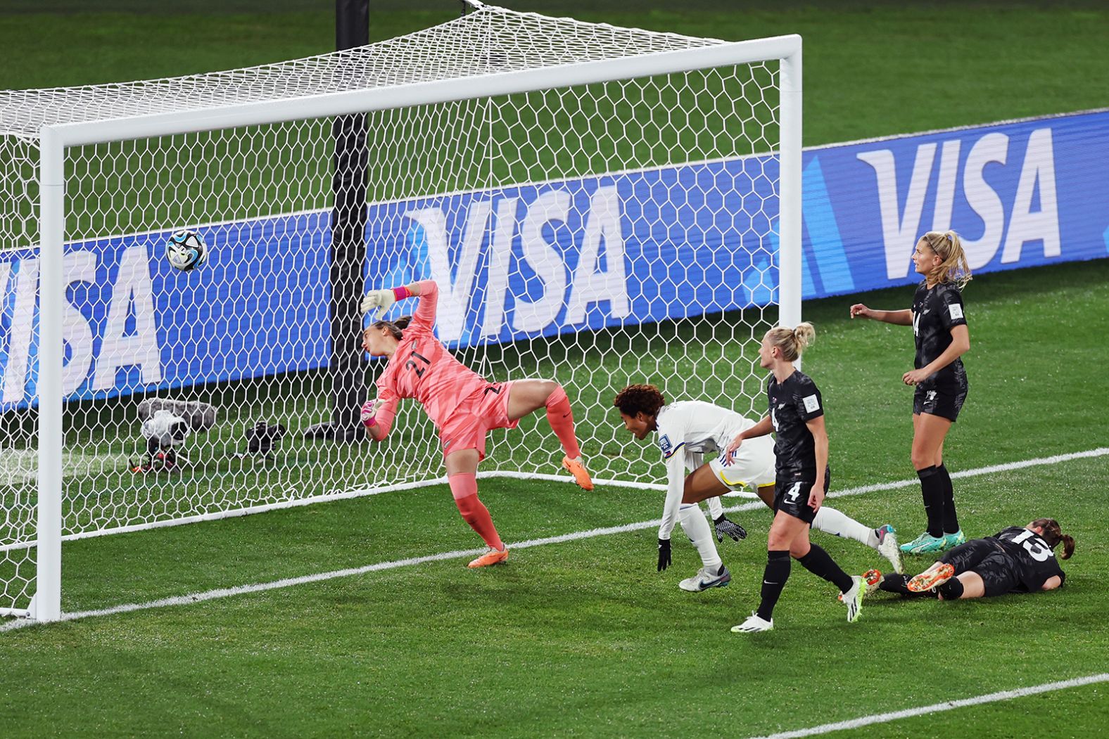 Bolden scores on New Zealand keeper Victoria Esson.