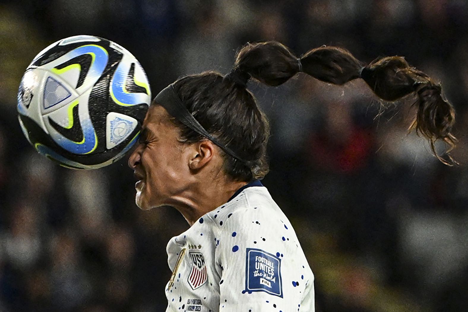 US forward Sophia Smith heads the ball during the <a href="https://www.cnn.com/2023/08/01/football/uswnt-portugal-womens-world-cup-spt-intl/index.html" target="_blank">goalless draw</a> against Portugal on August 1. The result meant that the Americans, the two-time defending champions, would advance to the round of 16.