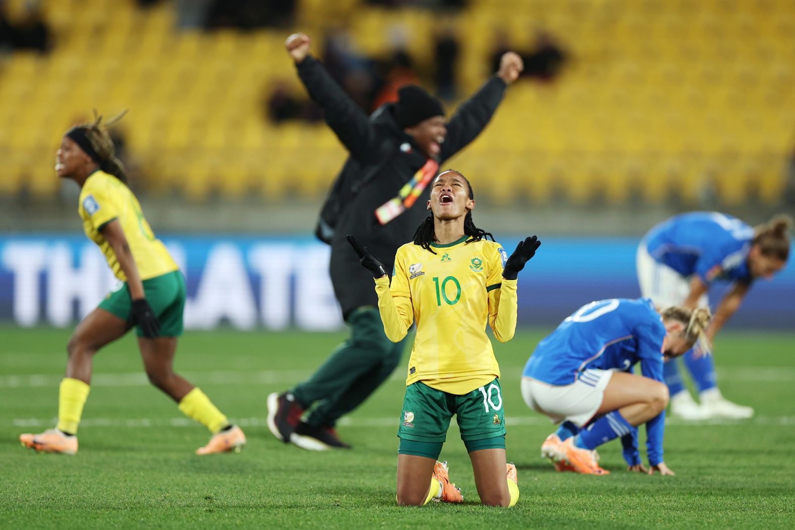 South Africa's Linda Motlhalo celebrates her team's <a href="https://www.cnn.com/2023/08/02/football/sweden-south-africa-italy-womens-world-cup-2023-spt-intl/index.html" target="_blank">3-2 win over Italy</a> on August 2. It was South Africa's first-ever win at a Women's World Cup, and it helped them clinch a spot in the next round. Italy was eliminated with the loss.