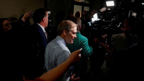 Rep. Jim Jordan arrives for a House Republican Conference meeting on Capitol Hill in Washington, DC, on Friday, October 13. 