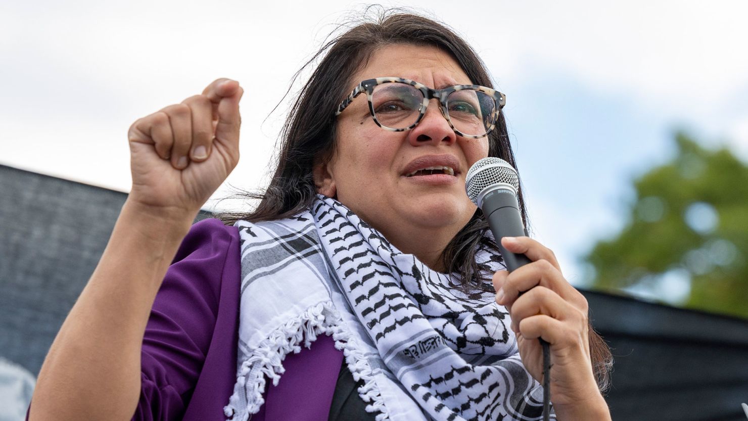 Michigan Rep. Rashida Tlaib speaks during a demonstration near the US Capitol in Washington, DC, on October 18, 2023, calling for a ceasefire in Gaza.