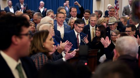 House Republicans huddle around Rep. Mike Johnson after he was elected as the Republican Speaker nominee during a conference meeting in the Longworth House Office Building on Capitol Hill on October 24, in Washington, DC. 