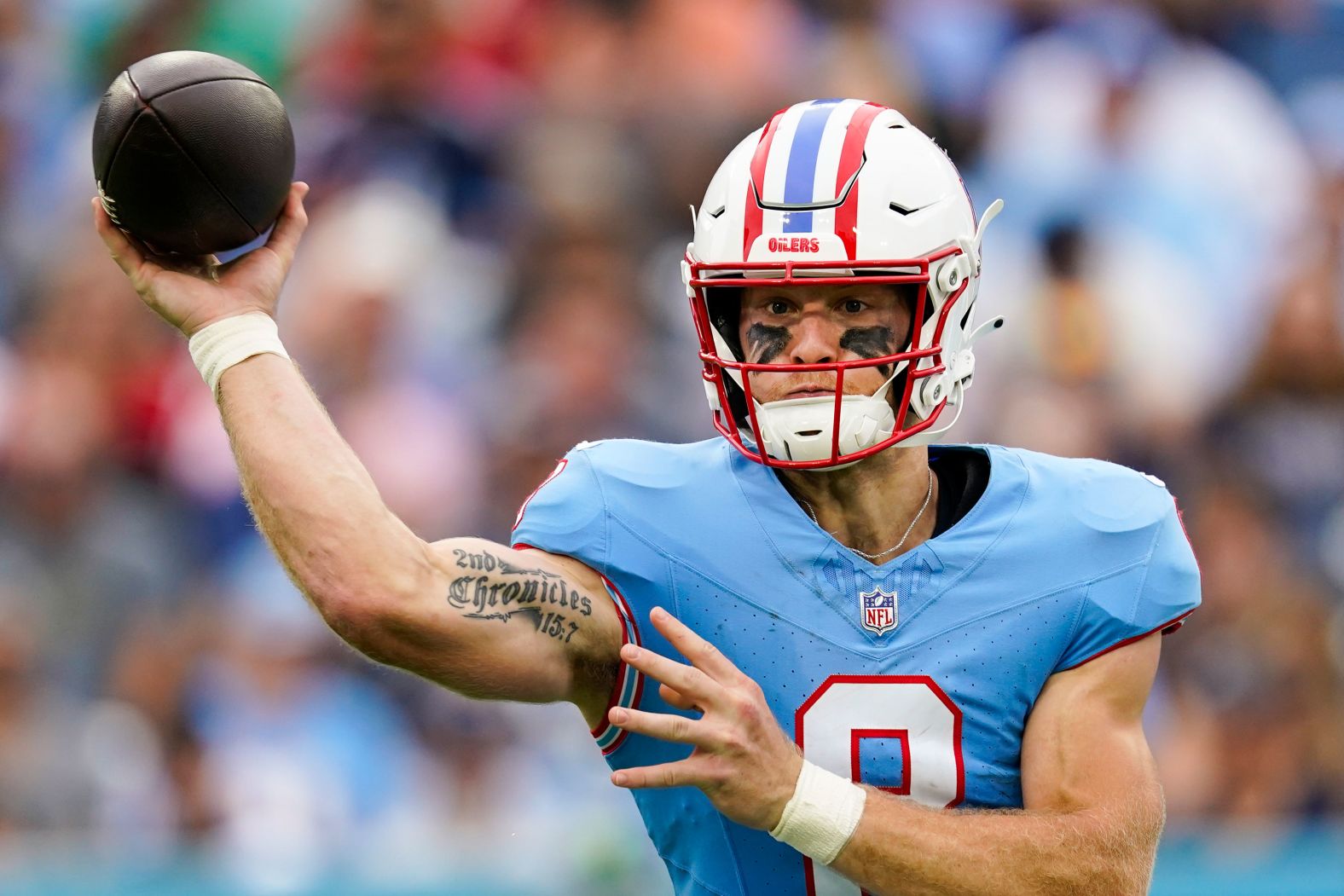 Tennessee Titans quarterback Will Levis throws a pass during the Titans' 28-23 victory over the Atlanta Falcons on October 29. Levis threw four touchdowns during the game, his NFL debut. 