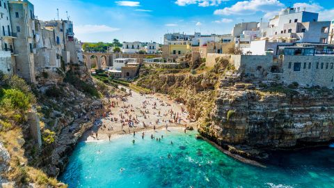 Polignano a Mare, Italy - October 1st, 2018: Scenic view of Lama Monachile Cala Porto beach in Polignano a Mare, province Bari, region Puglia, Sauthern Italy