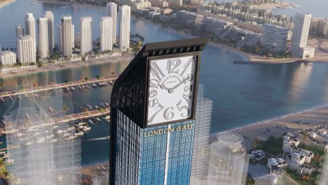 [Duplicate for card] The Franck Muller Aeternitas Tower in Dubai, in partnership with property developer London Gate, will be the world's tallest residential clocktower. Render provided by London Gate.