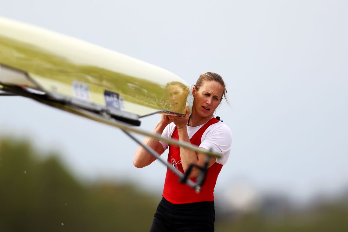 READING, ENGLAND - APRIL 16: Helen Glover walks out of the boathouse during the GB Rowing Trials and Small Boat British Championships at the Redgrave Pinsent Rowing Lake on April 16, 2023 in Caversham, England. (Photo by Naomi Baker/Getty Images)