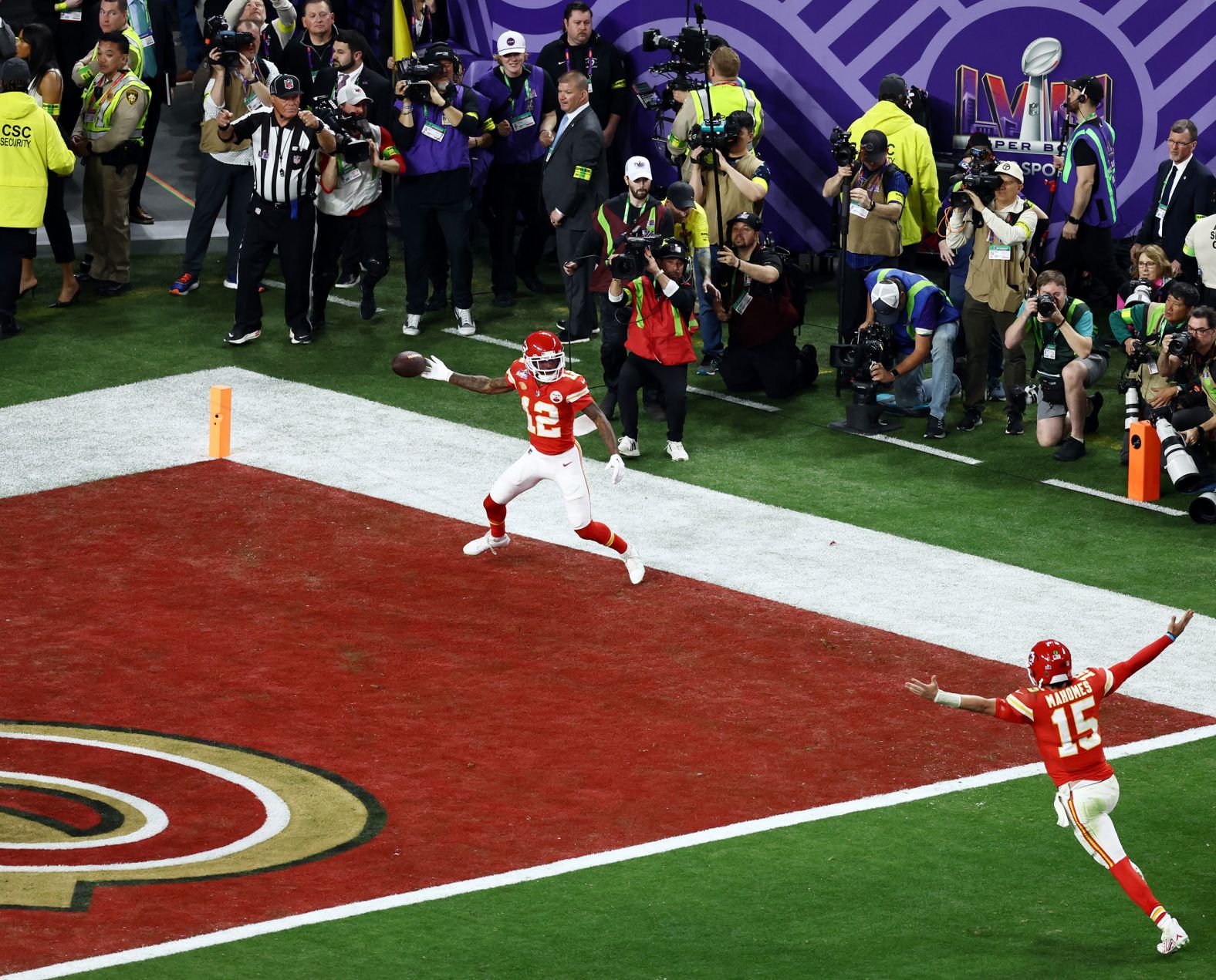 Chiefs wide receiver Mecole Hardman Jr., top, celebrates with Mahomes after they connected for a 3-yard touchdown pass that won the Super Bowl.