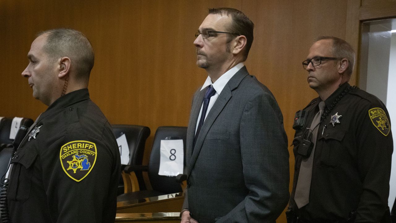 PONTIAC, MICHIGAN - MARCH 7: James Crumbley, father of Oxford High School shooter Ethan Crumbley, re-enters the courtroom after a break on the first day of his trial on four counts of involuntary manslaughter for the deaths of four Oxford High School students who were shot and killed by his son, on March 7, 2024 at Oakland County Circuit Court in Pontiac, Michigan. Crumbley's wife Jennifer Crumbley was convicted on the same four counts at her trial last month, the first time in U.S. history that a parent was tried in relation to a mass school shooting that was committed by their child. (Photo by Bill Pugliano/Getty Images)