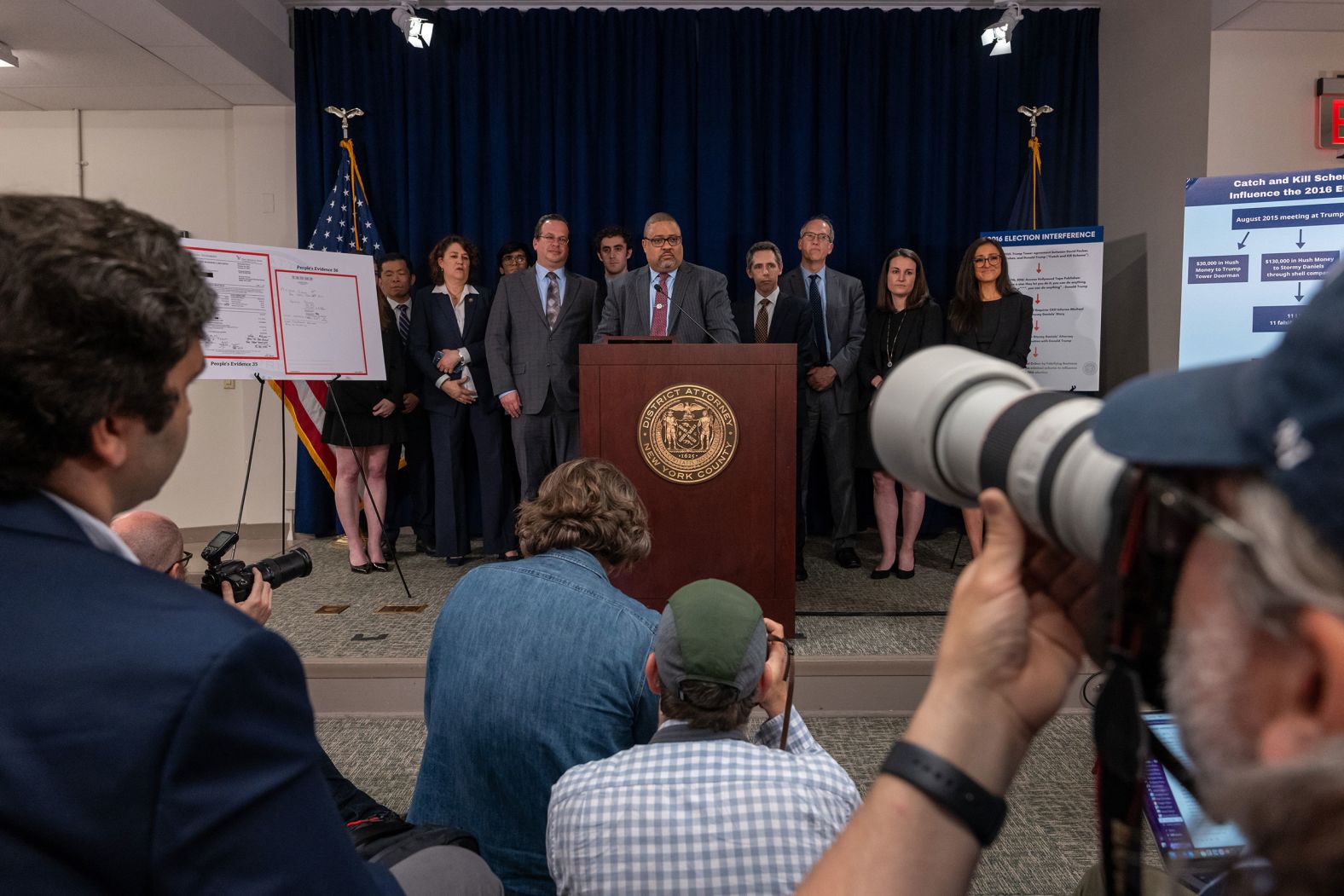 Manhattan District Attorney Alvin Bragg stands with members of his staff at a news conference held following Trump's conviction. "Our job is to follow the facts and the law without fear or favor, and that's exactly what we did here," <a href="https://www.cnn.com/politics/live-news/trump-hush-money-trial-05-30-24/h_d9e4d2141c254d4d37cf9b6a7e94e8d3" target="_blank">Bragg said</a>, adding that while there are "many voices out there, the only voice that matters is the voice of the jury."