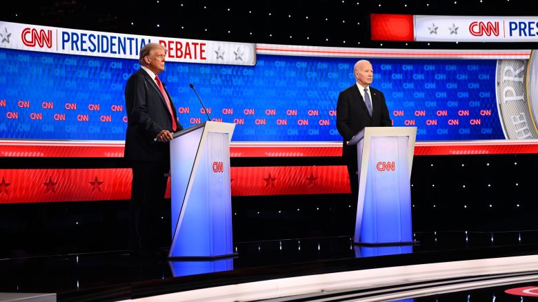 Former President Donald Trump and President Joe Biden debate at CNN's Atlanta studios on June 27, 2024.