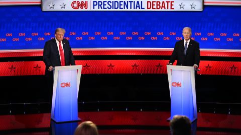 Former President Donald Trump and President Joe Biden debate at CNN's Atlanta studios on June 27, 2024.