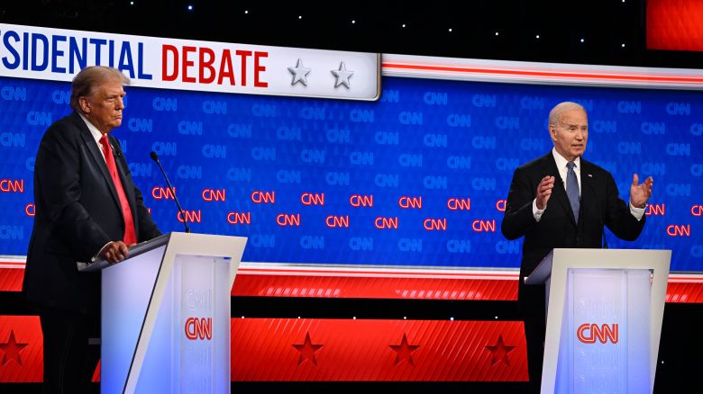 Former President Donald Trump and President Joe Biden debate at CNN's Atlanta studios on June 27, 2024.