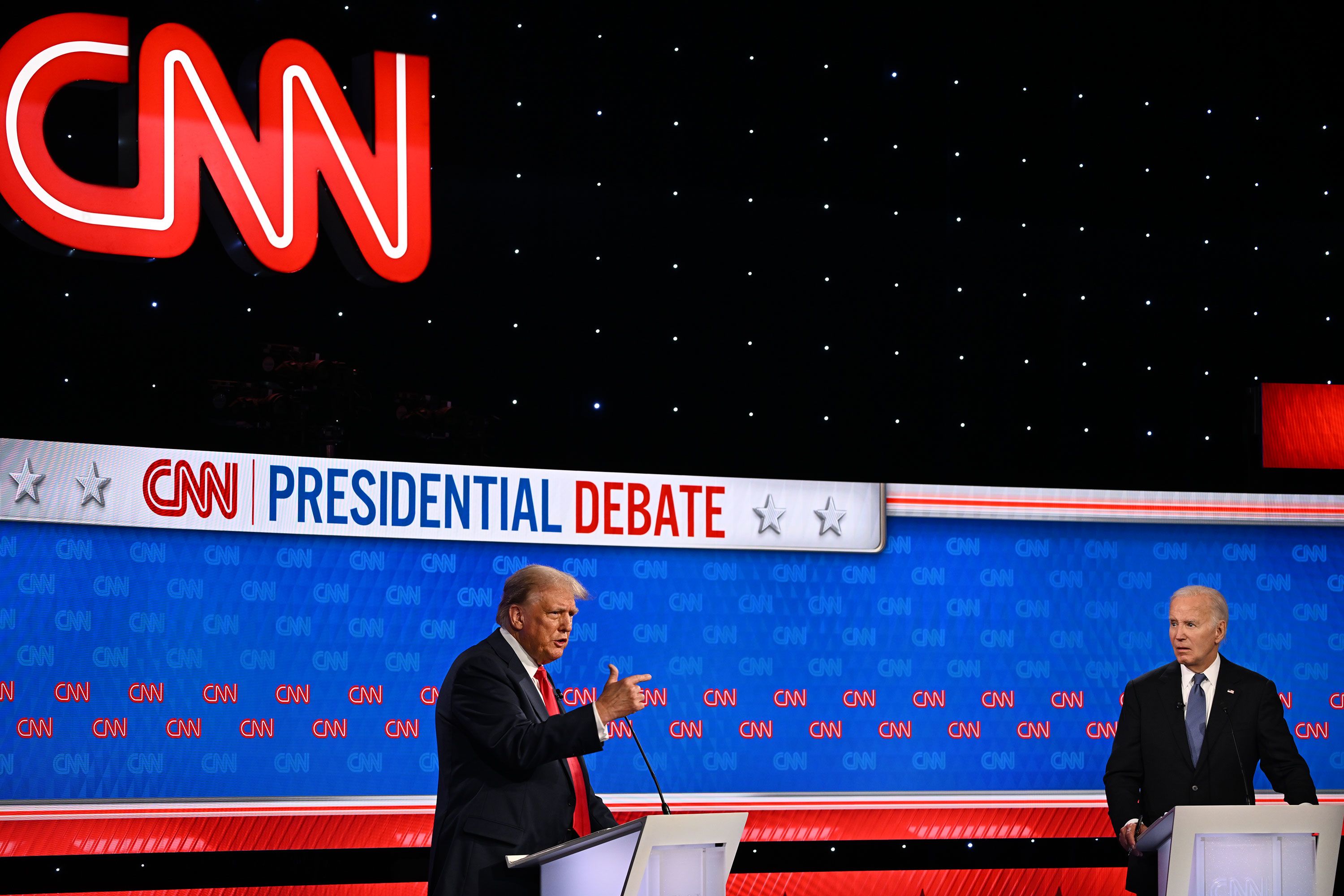 Former President Donald Trump and President Joe Biden debate at CNN's Atlanta studios on June 27, 2024.