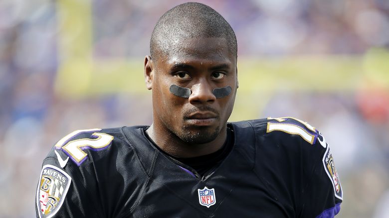 Baltimore Ravens receiver Jacoby Jones looks on from the sidelines against the Carolina Panthers during a week four NFL Football game on Sunday, Sept. 28, 2014 in Baltimore. The Ravens won the game, 38-10. (AP Photo/G. Newman Lowrance)