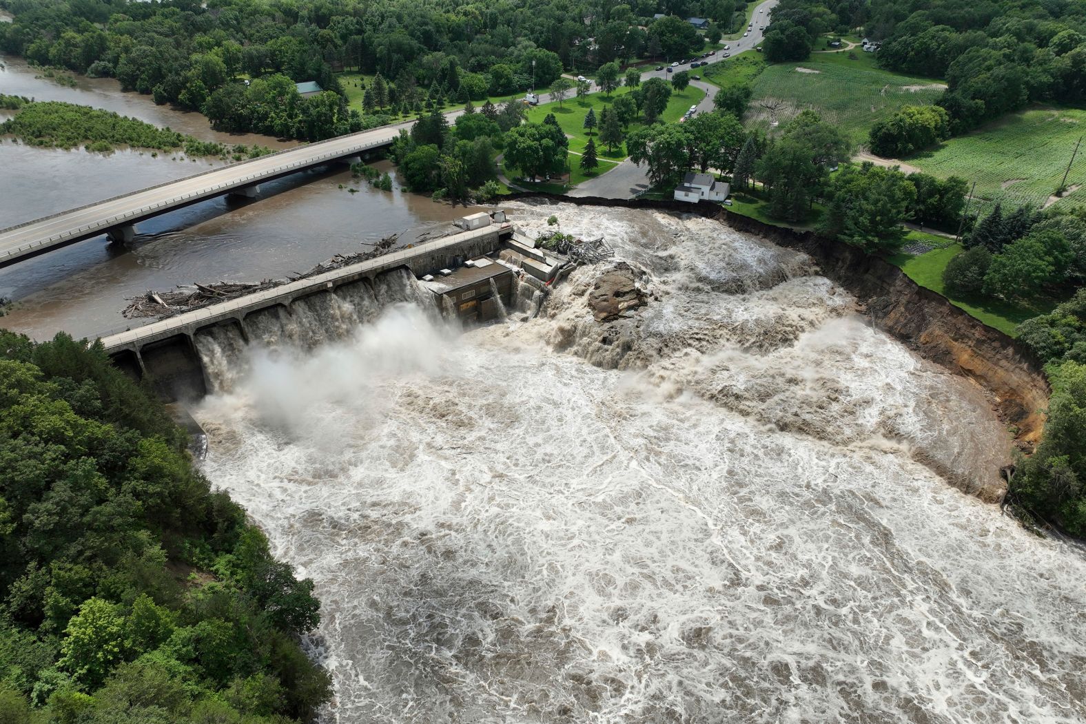 Heavy rains cause high water levels at the Rapidan Dam near Mankato, Minnesota, on Monday, June 24. Officials said Monday that the dam was in <a href="https://www.cnn.com/2024/06/26/us/minnesota-house-river-rapidan-dam/index.html">“imminent failure condition.”</a>