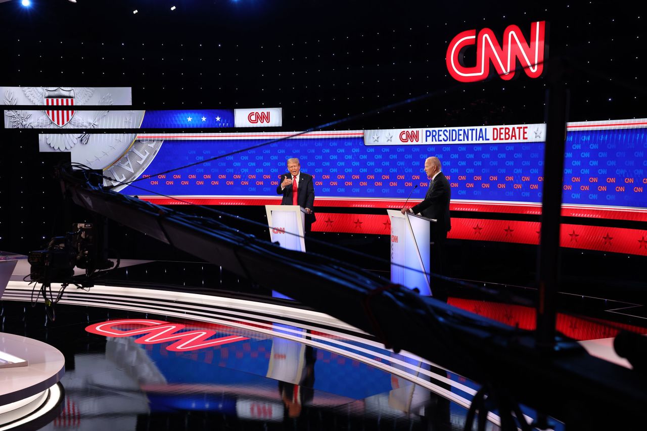 President Joe Biden and former President Donald Trump are seen during a CNN presidential debate in Atlanta on June 27.