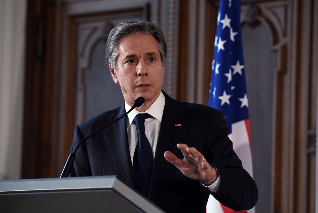US Secretary of State Antony Blinken speaks during a joint press conference with Latvian Foreign Minister at the Latvian National Museum of Art in Riga, Latvia, on March 7.