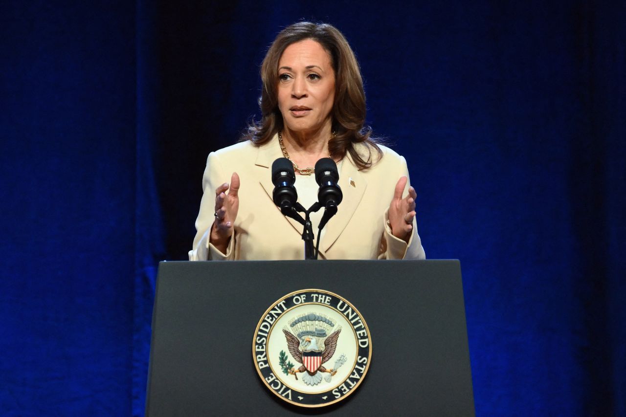 US Vice President Kamala Harris speaks at the Constitutional Convention of the UNITE HERE hospitality union in New York on June 21.