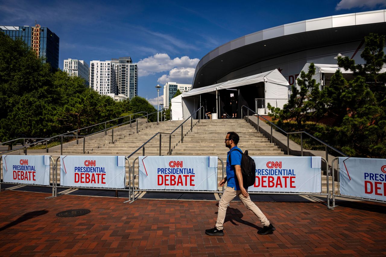 Signage ahead of the first presidential debate in Atlanta, Georgia, on Wednesday, June 26.
