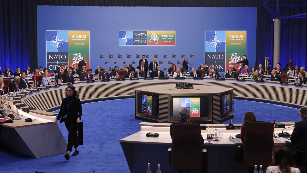Leaders attend the opening high-level session of the 2023 NATO Summit on July 11, 2023, in Vilnius, Lithuania.