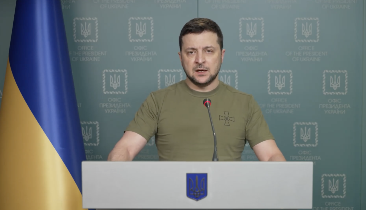 Ukrainian President Volodymyr Zelensky delivers a video message on March 8 from Kyiv, Ukraine.