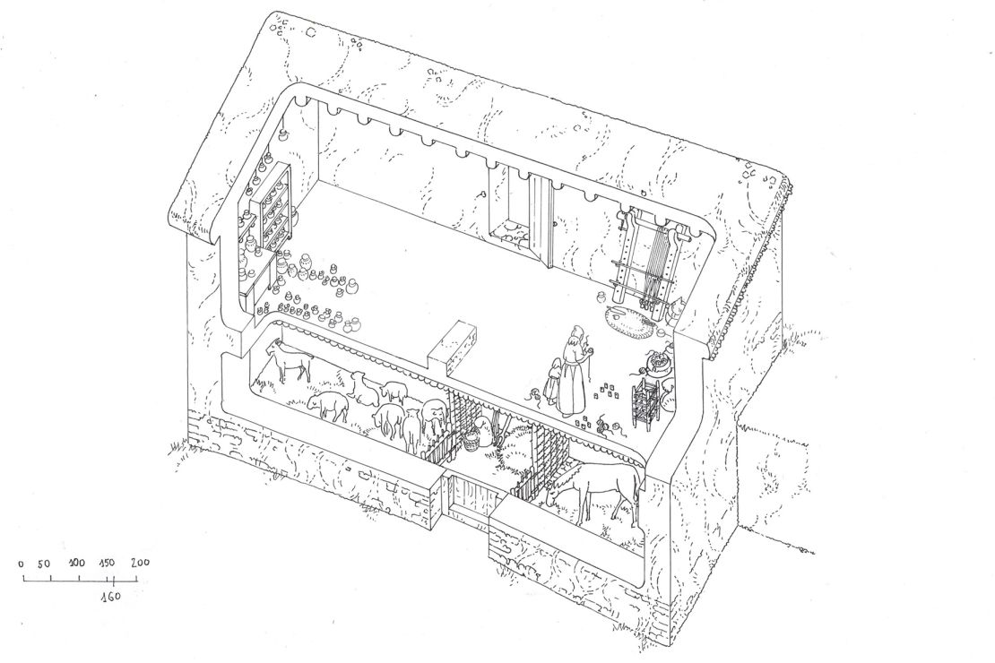 An illustration shows how Building G, the best-preserved structure at Tossal de Baltarga, might have looked before a fire destroyed it.