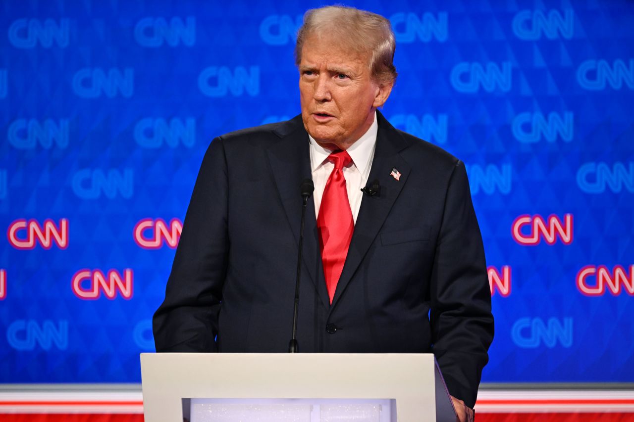 Donald Trump speaks during the CNN Presidential Debate on Thursday in Atlanta.