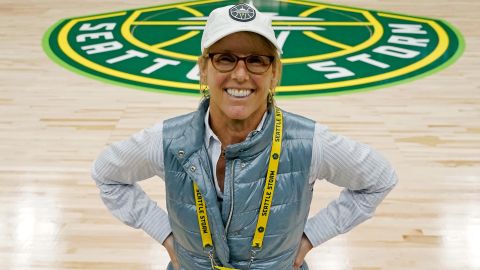 Seattle Storm co-owner Ginny Gilder poses for a photo on May 18, 2022, at Climate Pledge Arena during halftime of a WNBA basketball game between the Seattle storm and the Chicago Sky in Seattle. As Title IX marks its 50th anniversary in 2022, Gilder is one of countless women who benefited from the enactment and execution of the law and translated those opportunities into becoming leaders in their professional careers.