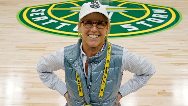 Seattle Storm co-owner Ginny Gilder poses for a photo on May 18, 2022, at Climate Pledge Arena during halftime of a WNBA basketball game between the Seattle storm and the Chicago Sky in Seattle. As Title IX marks its 50th anniversary in 2022, Gilder is one of countless women who benefited from the enactment and execution of the law and translated those opportunities into becoming leaders in their professional careers.