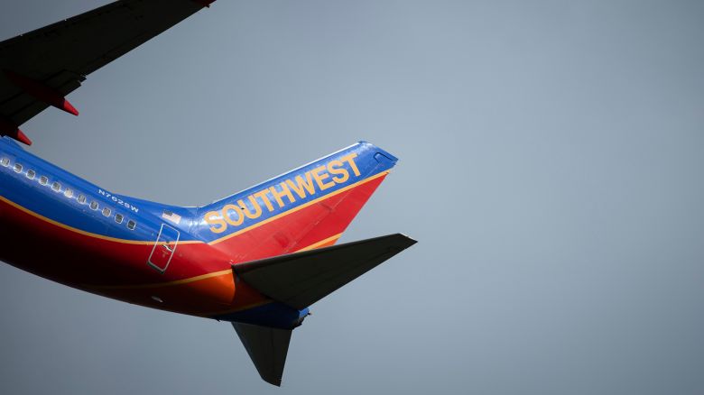 A Southwest Airlines flight is seen soon after takeoff.