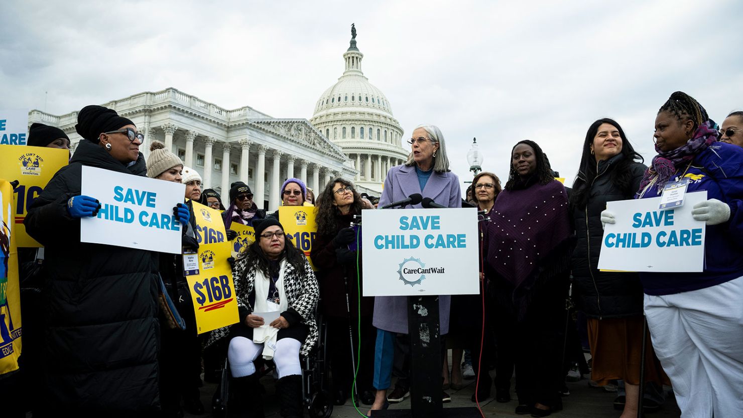 Representative Katherine Clark (D-MA) speaks to media with members of Service Employees International Union (SEIU) and House Democrats, during a press conference calling for an increase in childcare funding, at the US Capitol, in Washington, DC, on Wednesday, December 6, 2023.