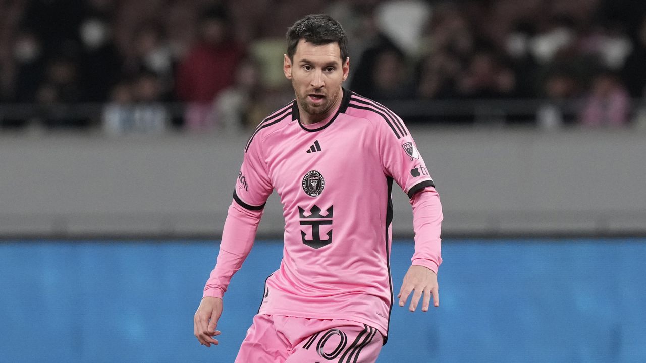 Inter Miami's Lionel Messi controls the ball during the friendly soccer match between Vissel Kobe and Inter Miami CF at the National Stadium, Wednesday, Feb. 7, 2024, in Tokyo, Japan. (AP Photo/Eugene Hoshiko)