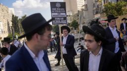 Ultra-Orthodox Jewish men protest in Jerusalem against compulsory military service, on April 11, 2024.