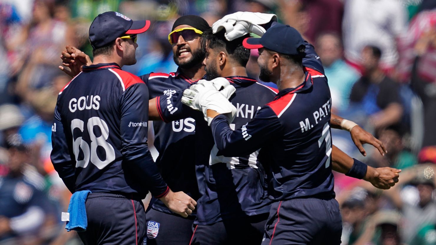 United States' Muhammad Ali-Khan, second right, celebrates with teammates at the Grand Prairie Stadium in Grand Prairie, Texas, June 6, 2024.