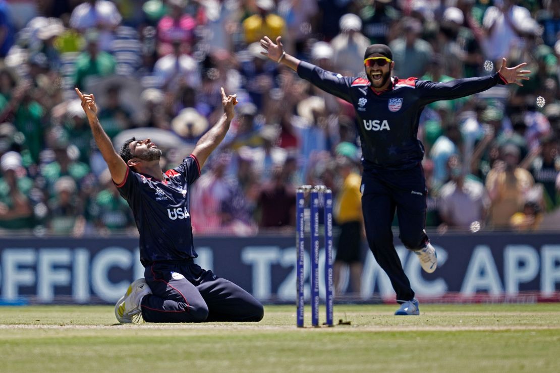 United States' Saurabh Nethralvakar, left, celebrates after the win in the ICC Men's T20 World Cup cricket match against Pakistan at the Grand Prairie Stadium in Grand Prairie, Texas.