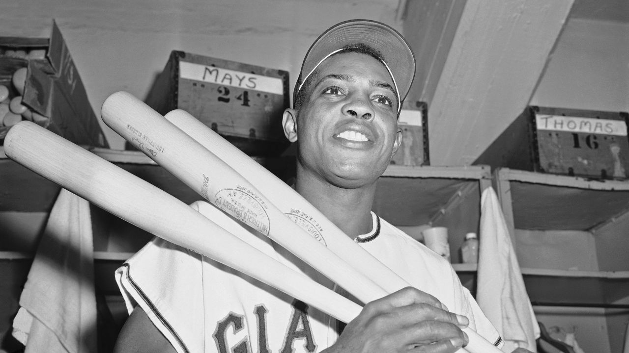 FILE - New York Giants' centerfielder Willie Mays flashes smile in clubhouse at the Polo Grounds in New York after clouting his 20th triple of the season to become first National League player to reach that total since Stan Musial of the St. Louis Cardinals in 1946, Sept. 8, 1957. Willie Mays, the electrifying “Say Hey Kid” whose singular combination of talent, drive and exuberance made him one of baseball’s greatest and most beloved players, has died. He was 93. Mays' family and the San Francisco Giants jointly announced Tuesday night, June 18, 2024, he had died earlier in the afternoon in the Bay Area.(AP Photo/File)