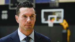 JJ Redick conducts an interview after being introduced as the new head coach of the Los Angeles Lakers NBA basketball team Monday, June 24, 2024, in El Segundo, Calif. (AP Photo/Damian Dovarganes)