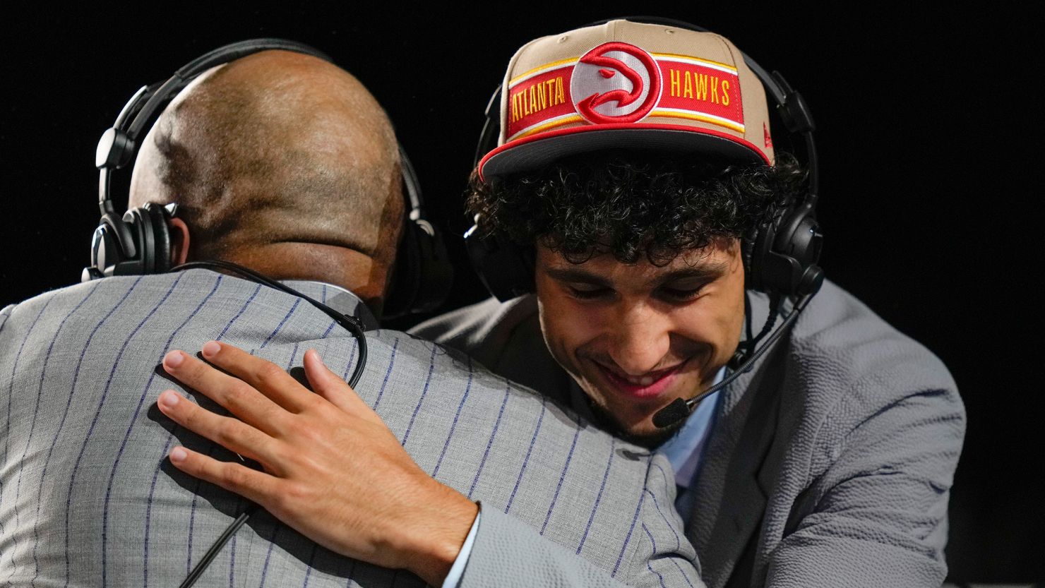 Zaccharie Risacher reacts during an interview, after being selected by the Atlanta Hawks as the first pick during the first round in the NBA basketball draft on June 26, 2024, in New York.